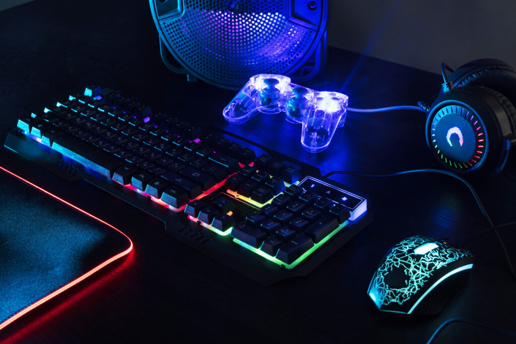 view illuminated neon gaming keyboard setup controller  x