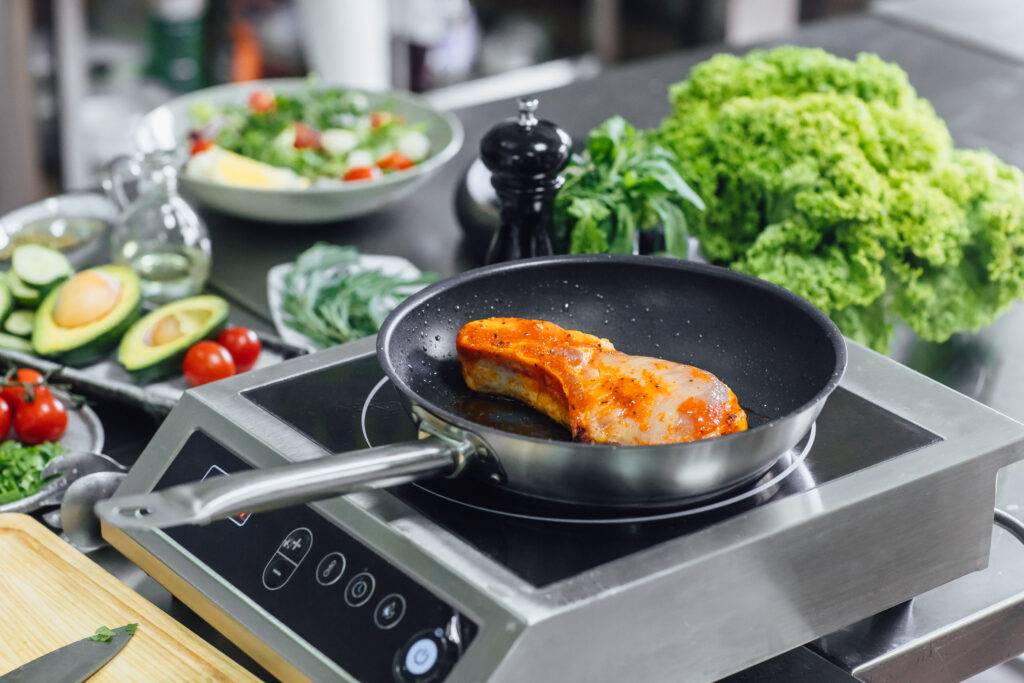 close up frying pan vegetables professional kitchen x